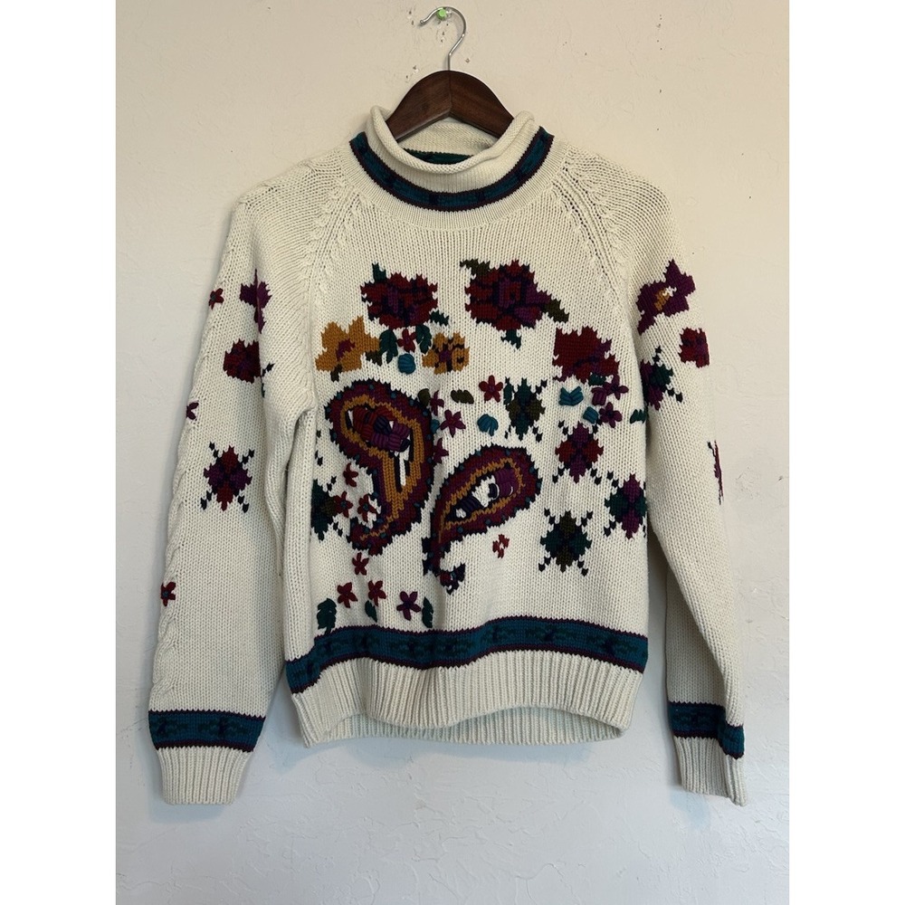 Vintage 90s IVY M Pullover Mock Rolled Neck Floral‎ 3D Knit Sweater Cottagecore